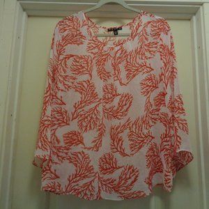 VESTI SEMI SHEER RED & WHITE FLORALS CHIFFON DRAPED BLOUSE X LG